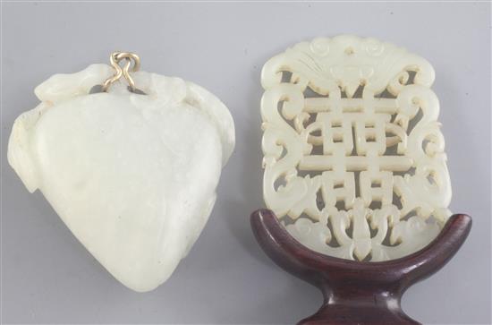 A Chinese pale celadon jade plaque and a white jade carving of a peach, 19th century, 5.5cm